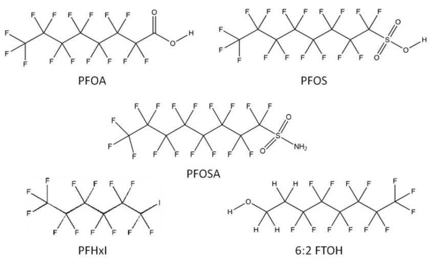 The chemical structure of some PFAS. All contain fluorine (F). This is what give PFAS their useful property, but those fluorine bonds are incredibly difficult to break down. Source: Ramírez Carnero, Arabela, et al. "Presence of perfluoroalkyl and polyfluoroalkyl substances (PFAS) in food contact materials (FCM) and its migration to food." Foods 10.7 (2021): 1443. - Creative Commons Attribution 4.0 International The chemical structure of some PFAS. All contain fluorine (F). This is what give PFAS their useful property, but those fluorine bonds are incredibly difficult to break down. Source: Ramírez Carnero, Arabela, et al. "Presence of perfluoroalkyl and polyfluoroalkyl substances (PFAS) in food contact materials (FCM) and its migration to food." Foods 10.7 (2021): 1443. - Creative Commons Attribution 4.0 International